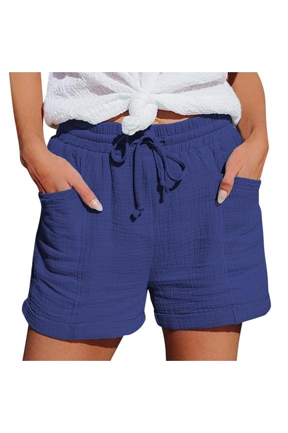 Linen Shorts Women With Pockets Gauze Short Linen Blend Casual Shorts High Waisted Bermuda Shorts Lightweight Shorts Relaxed Fit Comfortable Lounge Flowy Shorts Resort Wear Blue 4XL
