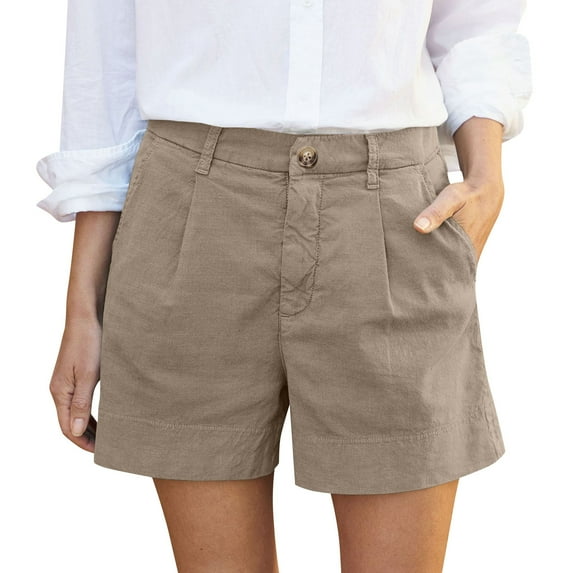 Linen Shorts for Women Summer Plus Size Bermuda High Waist Work Button Wide Leg Khaki Short Twill Chino Casual Ladies Trouser With Pocket 5" Inseam