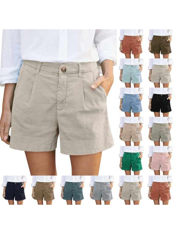 Linen Shorts for Women Summer Plus Size Bermuda High Waist Work Button Wide Leg Khaki Short Twill Chino Casual Ladies Trouser With Pocket