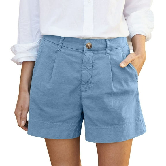 Linen Shorts for Women Summer Plus Size Bermuda High Waist Work Button Wide Leg Khaki Short Twill Chino Casual Ladies Trouser With Pocket 5" Inseam