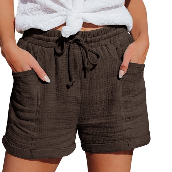 Linen Shorts for Women Trendy High Waisted Casual Summer Pull On Drawstring Beach Loost Fit Shorts with Pockets Women's Fashion Casual High Waist Pants Straight Leg Sports Casual Loose Shorts