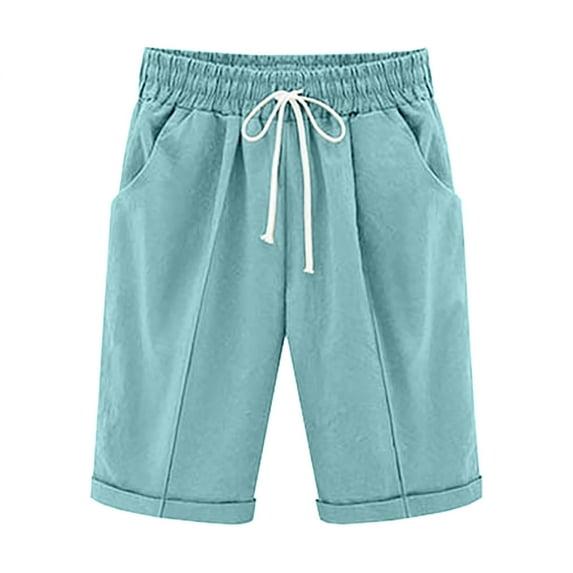 Linen Shorts Women Women Linen Shorts, High Waisted Lightweight Casual Summer Drawstring Beach Vacation Bermuda Shorts with Pockets Sky Blue Sky Blue S