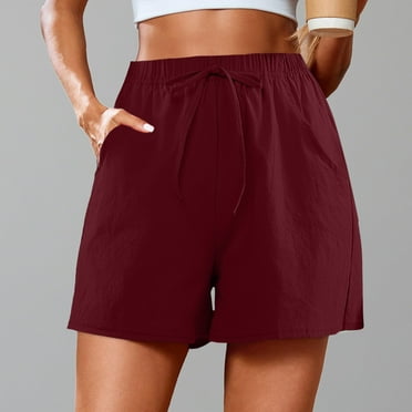 Linen Shorts Womens Workout Shorts Clearance Bermuda Elastic Waist Inseam Shorts Drawstring Plus Size Chino Short Deals with Pockets Red M