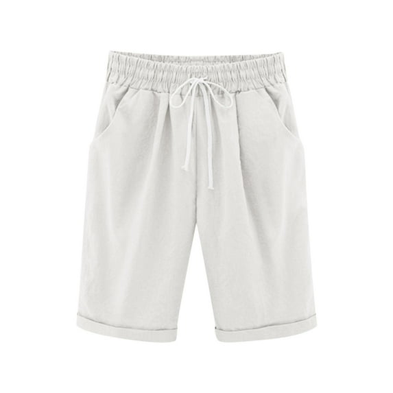 Linen Shorts for Girls Casual Summer Drawstrinđ Elastic Waist Short Pants with Pocket Knee Length High Waist Beach Trousers