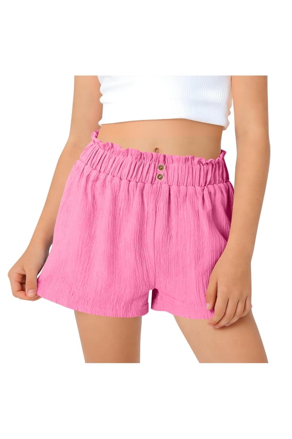 Linen Shorts for Girls Textured Summer Casual Beach Shorts Paperbag Ruffle Elastic High Waist Shorts