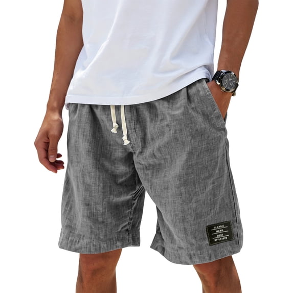 Linen Shorts for Men Embroidered Logo Big and Tall Relaxed Fit Drawstring Elastic Waist Shorts with Pockets