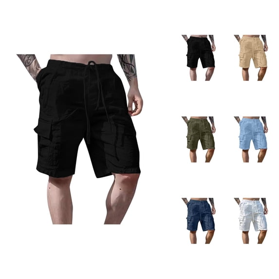 Linen Shorts for Men Summer Casual Elastic Waist Straight Leg Loose Fit Knee Length Beach Cargo Shorts with Pockets