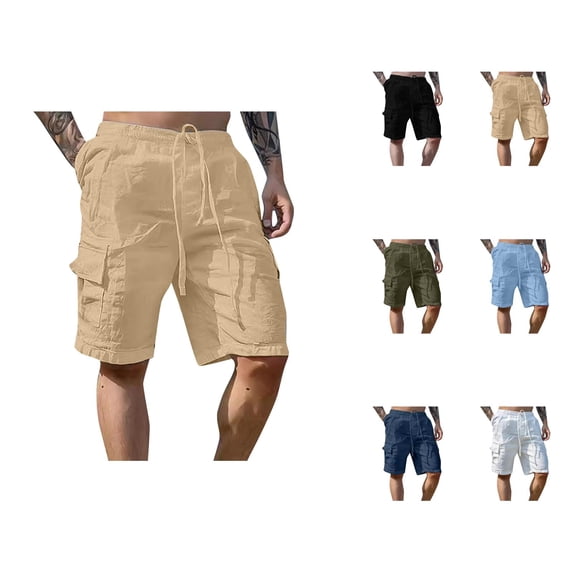 Linen Shorts for Men Summer Casual Elastic Waist Straight Leg Loose Fit Knee Length Beach Cargo Shorts with Pockets