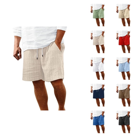 Linen Shorts for Men Summer Elastic Waist Loose Fit Straight Leg Knee Length Casual Beach Shorts with Pockets