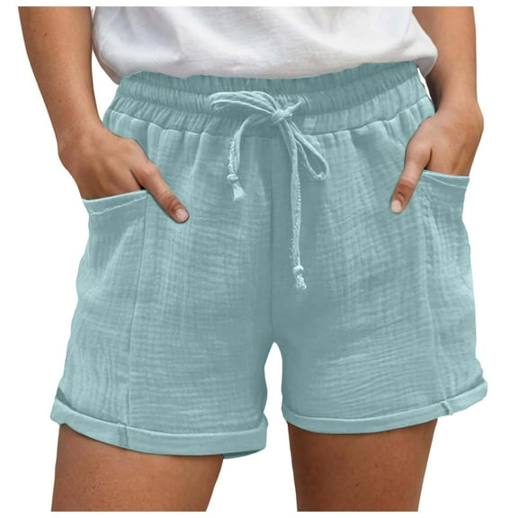 Linen Shorts for Women 7 Inch Inseam Drawstring Short High Waisted Lightweight Short Beach Vacation Outfits Pockets
