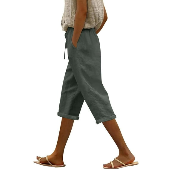 Linen Shorts for Women Bermuda Shorts Knee Length Elastic Waist Plus Size Shorts Dressy Casual Pedal Pushers with Pockets