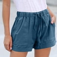 thumbnail image 1 of Linen Shorts for Women Casual Summer Elastic High Waisted Wide Leg Short Pants with Pockets Dark Blue 2XL, 1 of 7