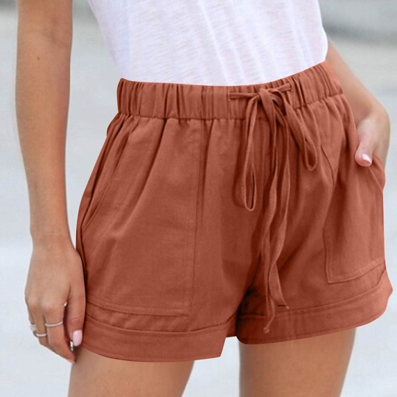 Linen Shorts for Women Casual Summer Elastic High Waisted Wide Leg Short Pants with Pockets Saffron L