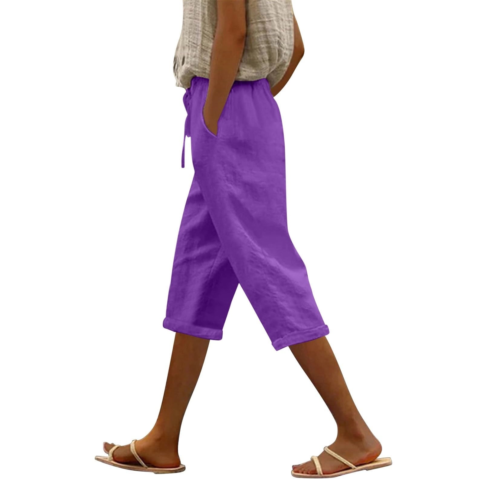 Women's Linen Bermuda Shorts - High Waisted Paperbag Style With Elastic Waist & Pockets - Knee Length Summer Shorts