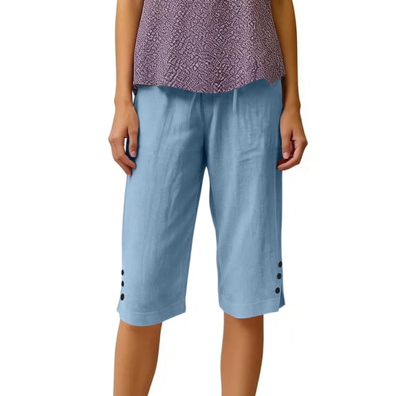 Linen Shorts for Women Knee Length Bermuda Shorts Casual Summer Capri Pants Pull On Long Shorts Light Blue S 13" Inseam