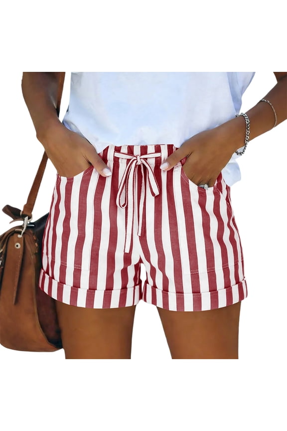 Linen Shorts for Women Striped Drawstring Cotton Linen Pajama Shorts 5 Inch Inseam Cuffed Mid Thigh Y2k Gauze Shorts, L