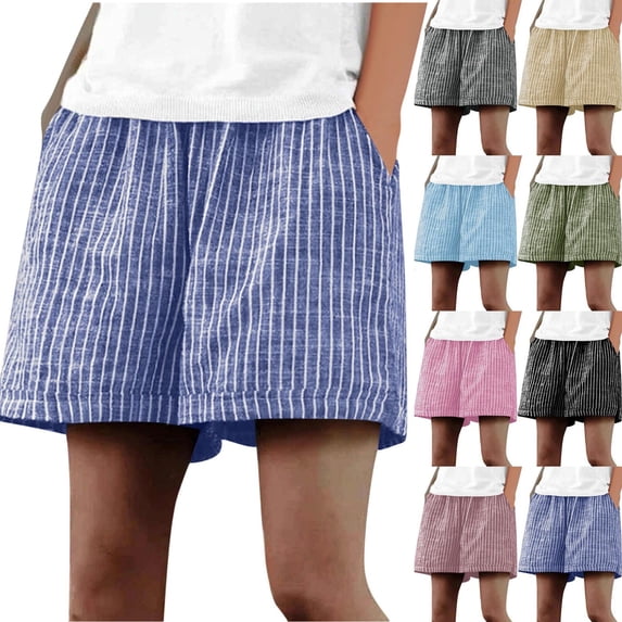 Linen Shorts for Women - Striped Print Pull on Summer Shorts with Pockets Above Knee Length Elastic Waist Loose Casual Short Pants, Black, S