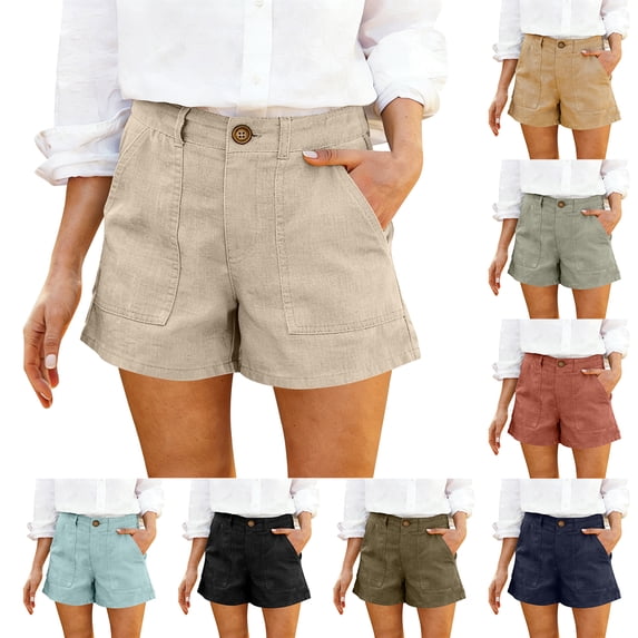 Linen Shorts for Women Summer Bermuda Shorts with Pockets Dressy Casual Button Down Wide Leg Beach Short, S