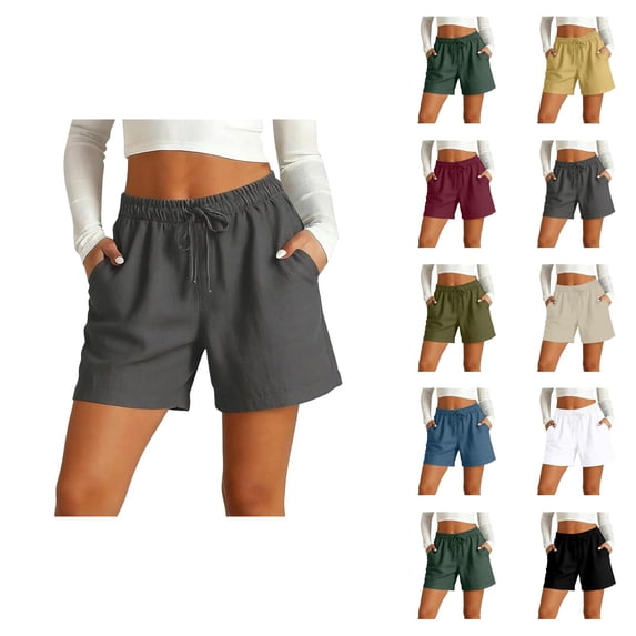 Linen Shorts for Women Summer Casual Elastic High Waist Wide Straight Leg Loose Fit Beach Shorts with Pockets