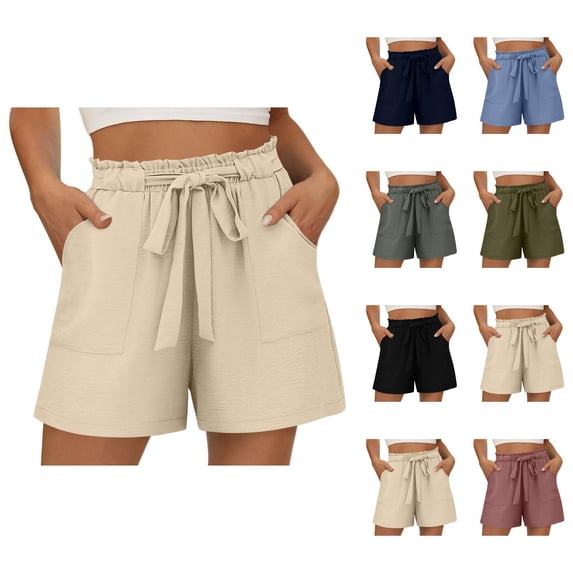 Linen Shorts for Women Summer Casual Elastic Waist Wide Leg Loose Fit Lightweight Beach Shorts with Pockets