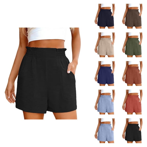 Linen Shorts for Women Summer Casual Elastic High Waist Wide Straight Leg Loose Fit Lightweight Beach Shorts with Pockets