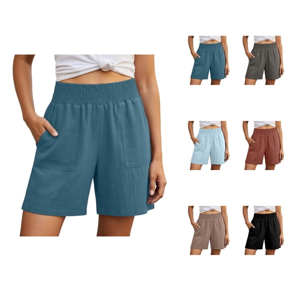 Linen Shorts for Women Summer Casual Lightweight Elastic High Waist Wide Straight Leg Loose Beach Shorts with Pockets