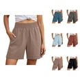 thumbnail image 1 of Linen Shorts for Women Summer Casual Lightweight Elastic High Waist Wide Straight Leg Loose Beach Shorts with Pockets, 1 of 6