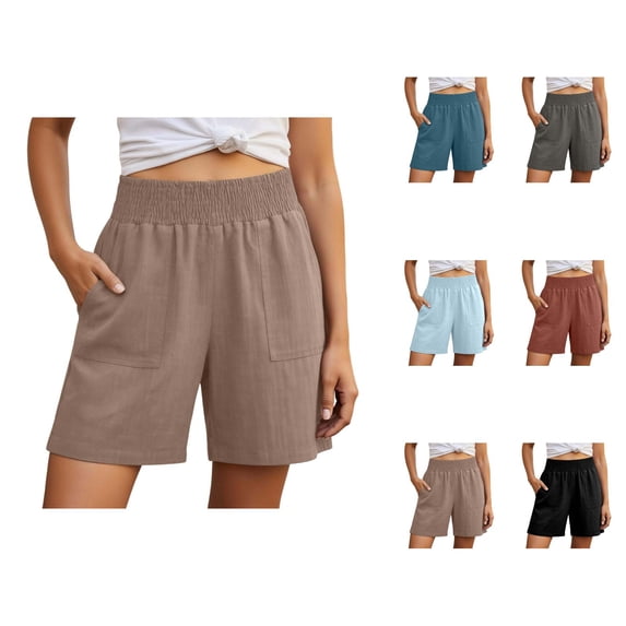 Linen Shorts for Women Summer Casual Lightweight Elastic High Waist Wide Straight Leg Loose Beach Shorts with Pockets