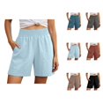 thumbnail image 1 of Linen Shorts for Women Summer Casual Lightweight Elastic High Waist Wide Straight Leg Loose Beach Shorts with Pockets, 1 of 6