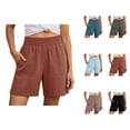 thumbnail image 1 of Linen Shorts for Women Summer Casual Lightweight Elastic High Waist Wide Straight Leg Loose Beach Shorts with Pockets, 1 of 7
