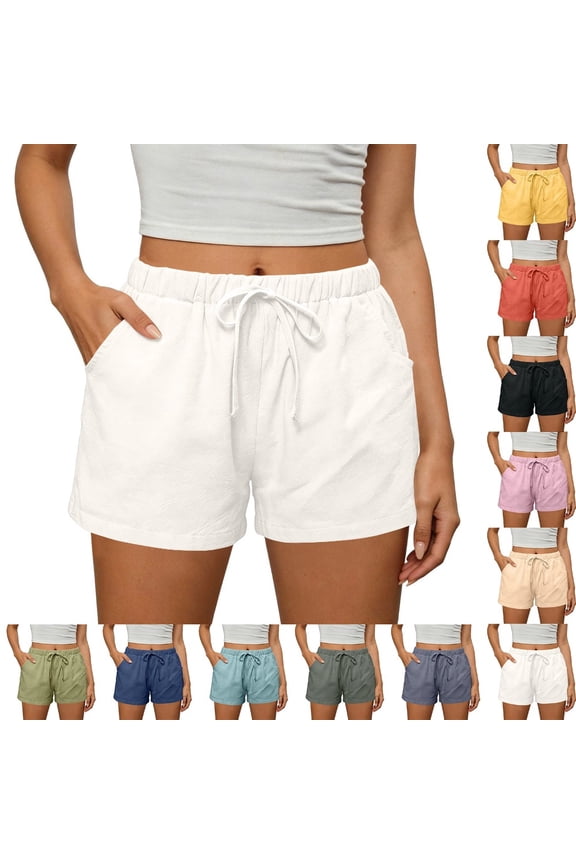 Linen Shorts for Women Summer Casual Wide Leg Drawstring High Waist Beach Shorts 2026 Flowy Beach Vacation Clothes 11# White L