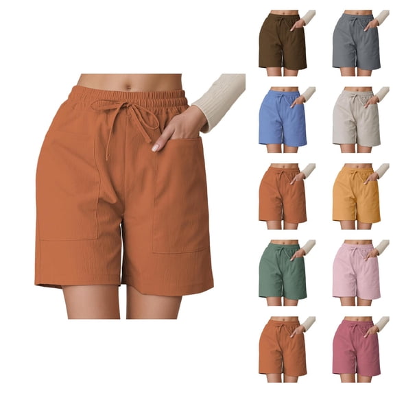 Linen Shorts for Women Summer Elastic High Waisted Loose Casual Wide Straight Leg Beach Shorts with Pockets