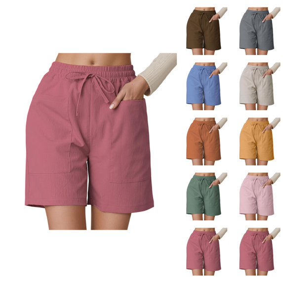 Linen Shorts for Women Summer Elastic High Waisted Loose Casual Wide Straight Leg Beach Shorts with Pockets