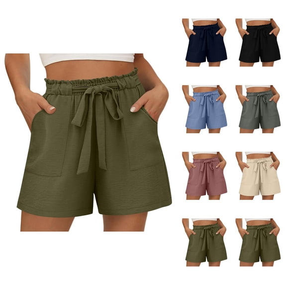 Linen Shorts for Women Summer Elastic High Waisted Wide Leg Tie Knot Loose Casual Beach Shorts with Pockets