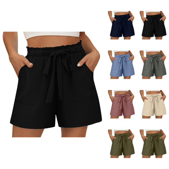Linen Shorts for Women Summer Elastic High Waisted Wide Leg Tie Knot Loose Casual Beach Shorts with Pockets