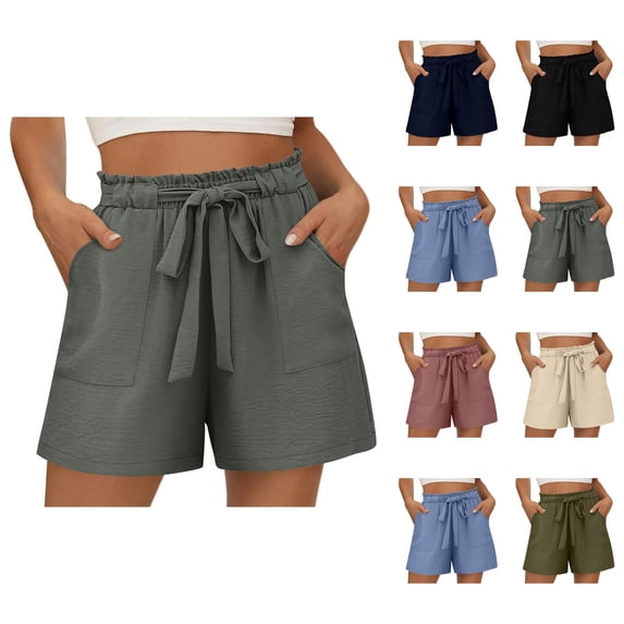 Linen Shorts for Women Summer Elastic High Waisted Wide Leg Tie Knot Loose Casual Beach Shorts with Pockets