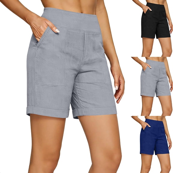 Linen Shorts for Women Summer Lightweight High Waisted Shorts Vacation Bermuda Short with Pockets Black L