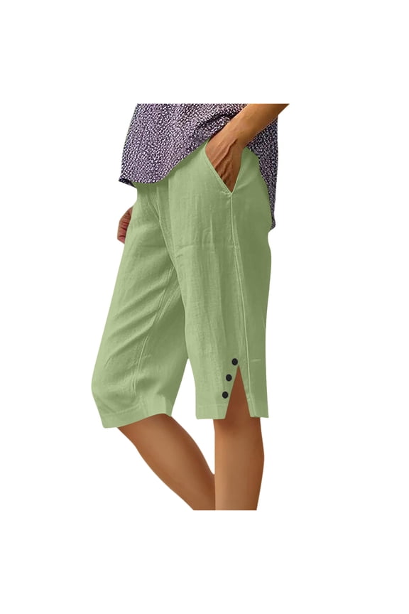 Linen Shorts for Women Summer Side Split Elastic Waisted Straight Leg Button Solid Color Casual Knee Length Bermuda Shorts