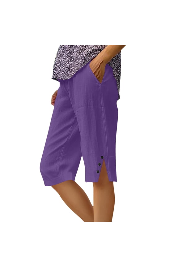 Linen Shorts for Women Summer Side Split Elastic Waisted Straight Leg Button Solid Color Casual Knee Length Bermuda Shorts