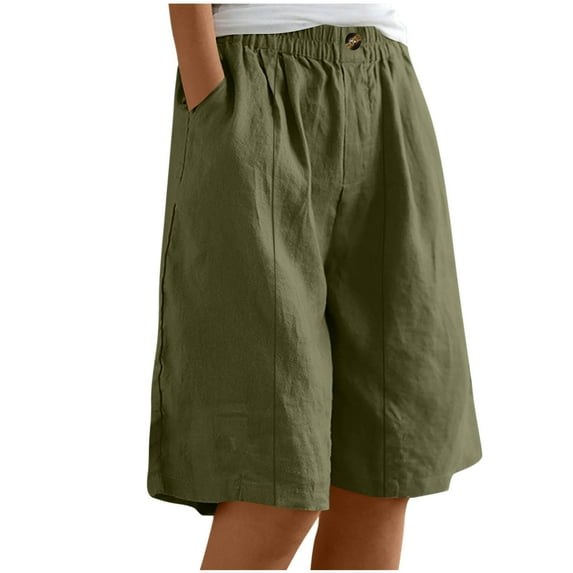 Linen Shorts for Women Summer Wide Leg Bermuda Shorts Elastic High Waisted Dressy Casual Knee Length Shorts with Pockets