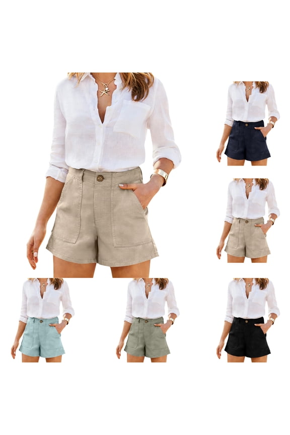Linen Shorts for Women Summer Wide Leg Bermuda Shorts with Pockets Boho Beach Short Dressy Tailored Dress Shorts Khaki M
