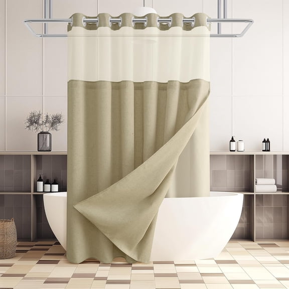 Linen Shower Curtain and Liner Set with Split Rings, See-Through Top Window, Water Resistant, 72W x 75L, Apricot