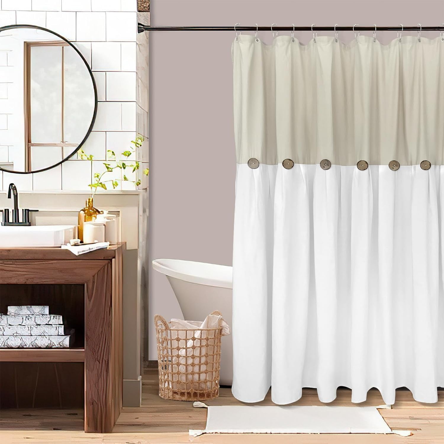 Linen Shower Curtain with Buttons Solid Pattern Farmhouse Shower