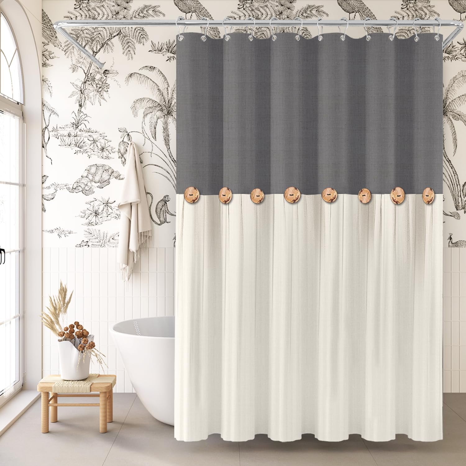 Linen Shower Curtains for Bathroom Farmhouse Shower Curtain Rustic Country Button Fabric Gray