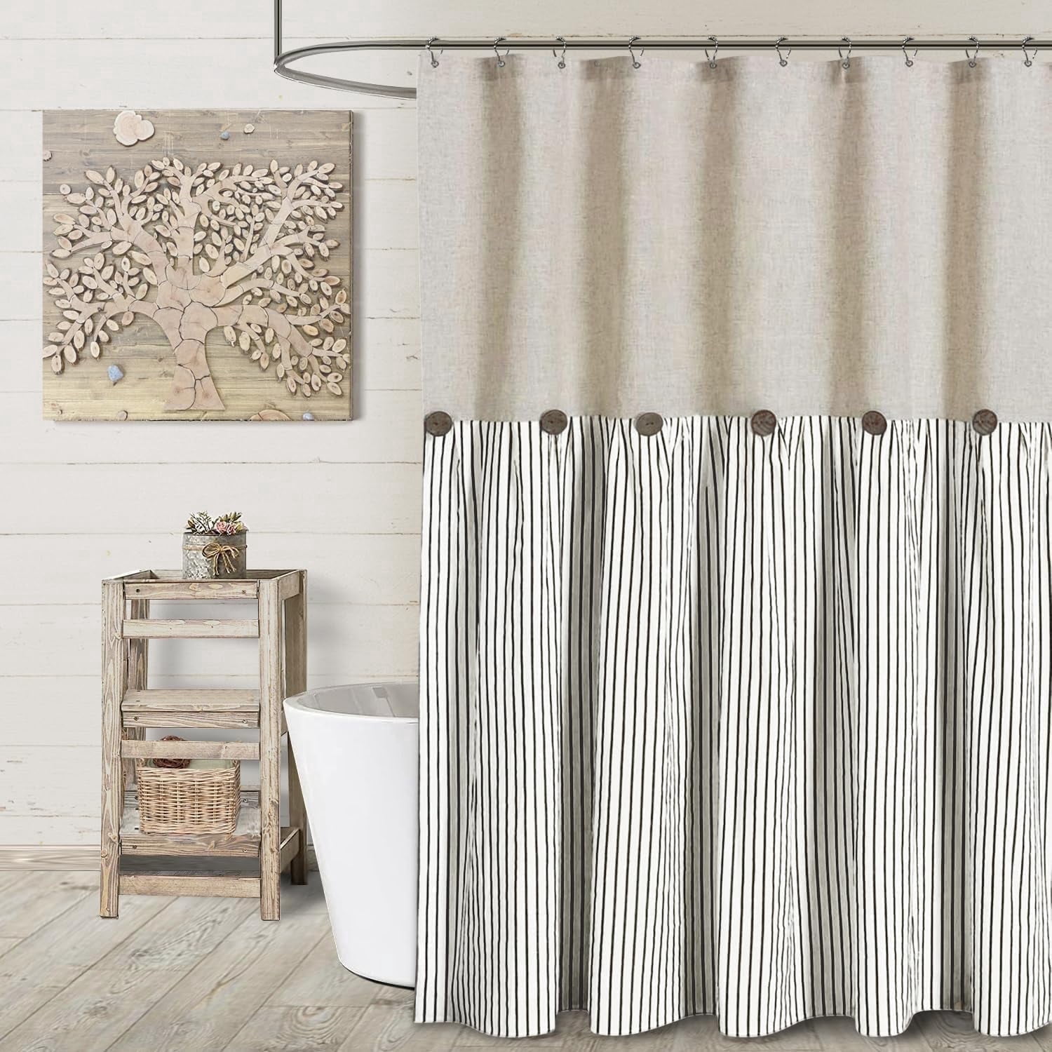 Psoiuetr Linen Shower Curtains for Bathroom Farmhouse Shower Curtain Rustic Country Button Fabric Pleated Black Stripe 72" x 72"