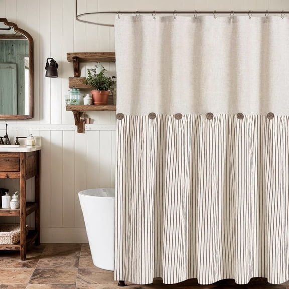 Psoiuetr Linen Shower Curtains for Bathroom Farmhouse Shower Curtain Rustic Country Button Fabric Pleated Brown Stripe 72" x 72"