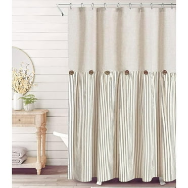 Linen Shower Curtains for Bathroom Farmhouse Shower Curtain Rustic Country Button Fabric Pleated Brown Stripe 72" x 72"