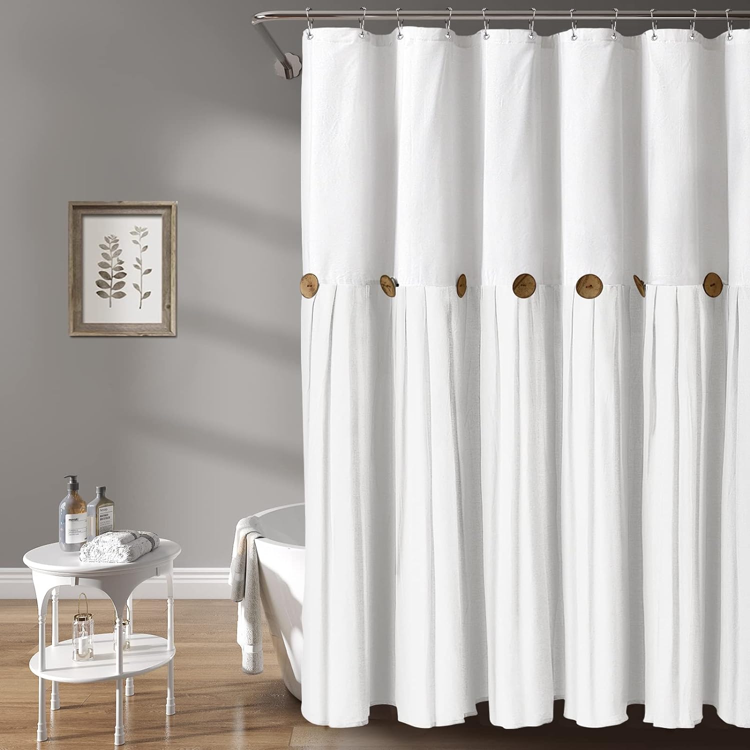 Linen Shower Curtains for Bathroom Farmhouse Shower Curtain Rustic Country Button Fabric White