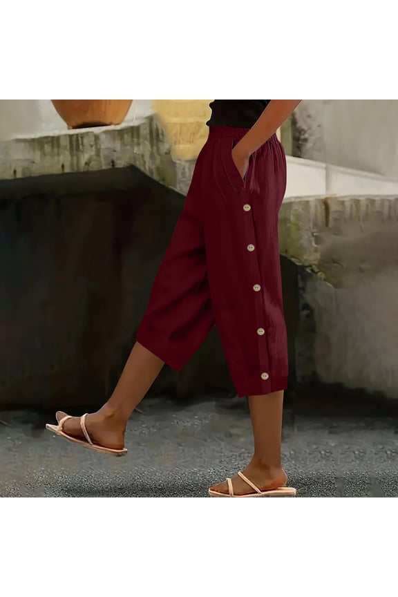 Linen Side Button Culottes for Women Elastic Waistband Cropped Pants Lightweight Breathable Capris Relaxed Fit Boho Trousers Vacation Beachwear
