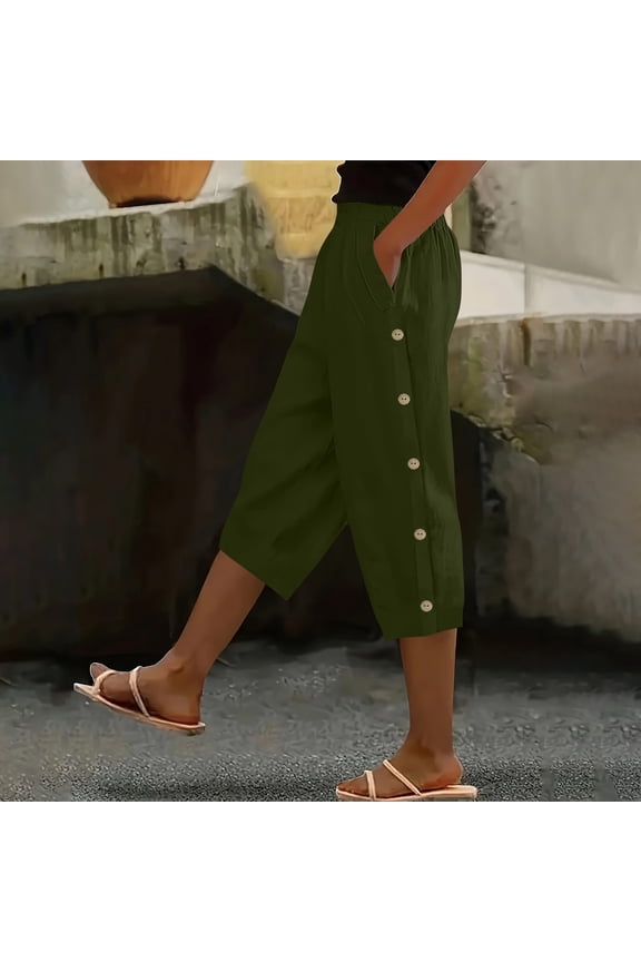 Linen Side Button Culottes for Women Elastic Waistband Cropped Pants Lightweight Breathable Capris Relaxed Fit Boho Trousers Vacation Beachwear